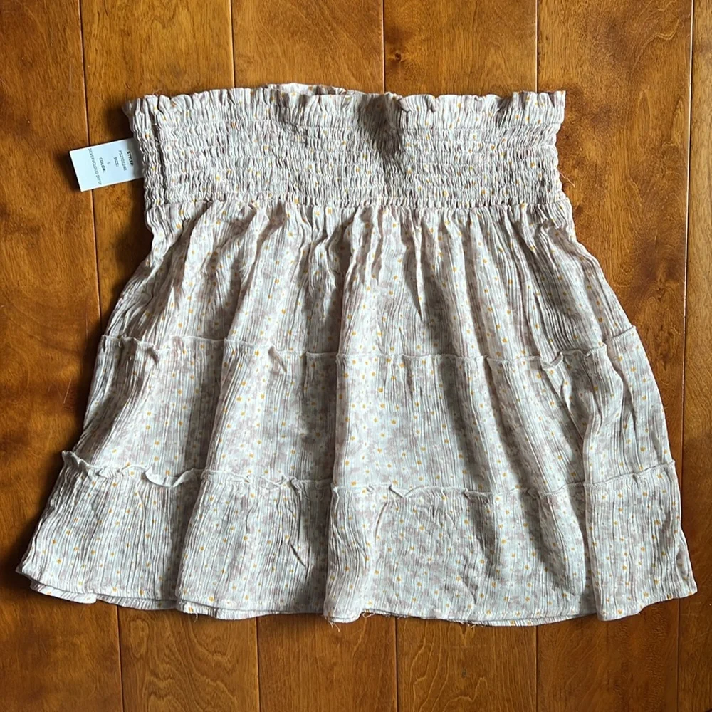 Pink Rose Tan, Orange, and Cream Floral Tiered Skirt with ruched waist -  Size L
